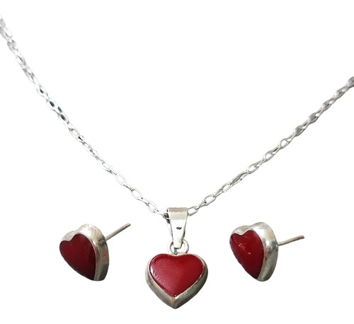 Conjunto Collar Aros Corazon Rojo Plata Ley 925 + Caja Regal