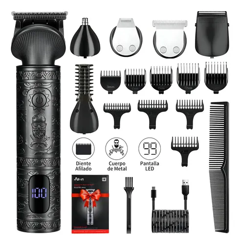 All-in Barbeador Eletrico Aparador de Pelos Profissional 6 em 1 para Barba Cabelo Nariz Aparelho de Barbear Maquina de Cortar Cabelo Homen a Prova da Agua com 6 Cabeças e 10 Pentes