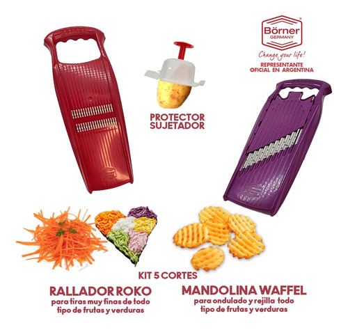 Imagen 1 de 4 de Kit Borner Mandolinas 5 Cortes Waffel + Roko + Protector