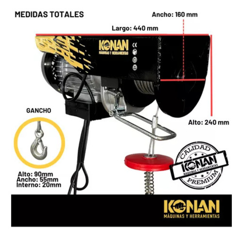 Aparejo Electrico Konan 500kg 12 Mts Elevacion Maxima 1000w