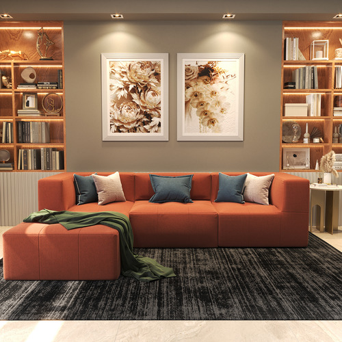 Puff Sofá Modular 2 Braços Terracota 3 Lugares E Chaise Bilateral Design Contemporâneo Na Caixa Ideal Para Salas Modernas