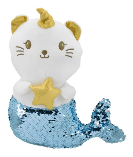 Sereia De Gato Branco Chifre Lantejoulas Azul Prateado 35cm
