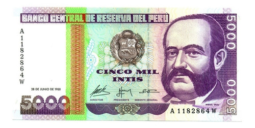 Billete Perú 5,000 Intis 1988