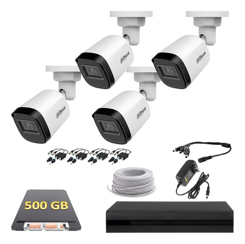 Kit De Video Vigilancia 4 Cámaras Bala 2mp B1a21u Dahua - Dvr 4 Canales Full Hd 1080p - Disco 500gb - Juego De Baluns Con Cable 100m - Accesorios Kitdah2m4bp500balutp100 Cctv Circuito Cerrado Procam