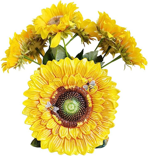 Florero Grande Ceramica Girasol Pintado A Mano Y Abeja Para