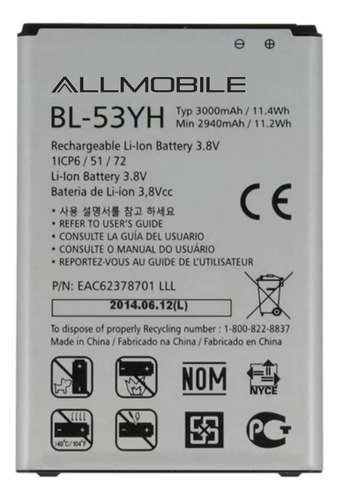 Pila Remplazo Litio Bl-53yh Para LG G3 D850 D830 D851 E/g