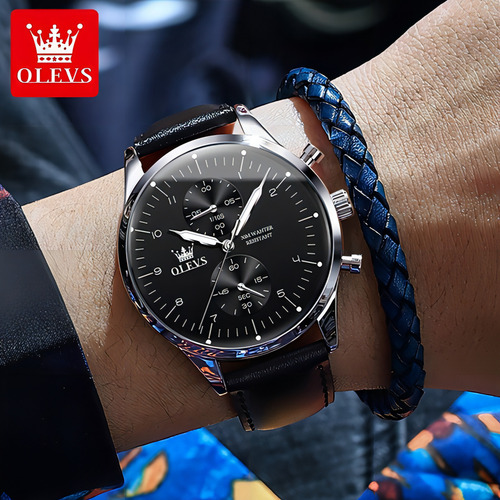 Relógios Casuais De Quartzo Em Couro Com Cronógrafo Olevs Cor Do Bisel Silver Black