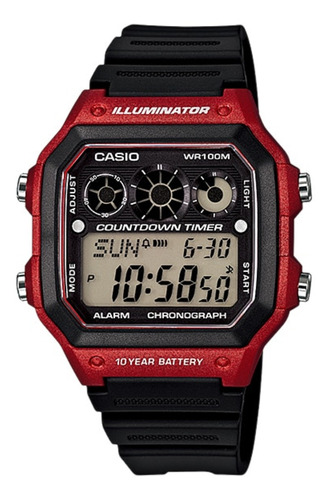 Reloj pulsera digital Casio AE-1300 con correa de resina color negro - bisel rojo/negro