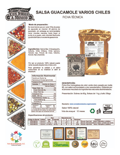 Especias Deshidratadas P/prep Guacamole Varios Chiles 60g