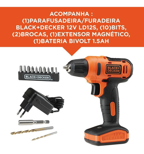 Parafusadeira/furadeira 12v 3/8'' 10mm + 13pçs -black+decker