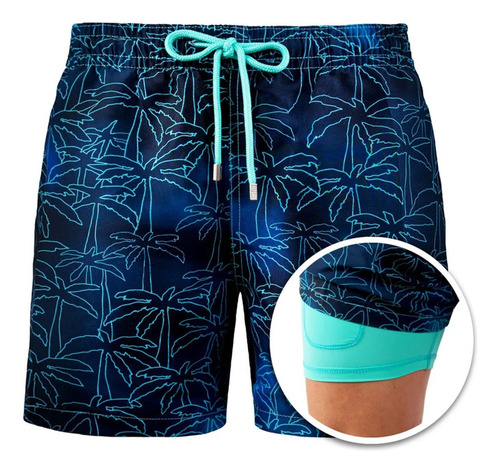 Short Traje De Baño Y Camisa Estampado De Playa Para Hombre