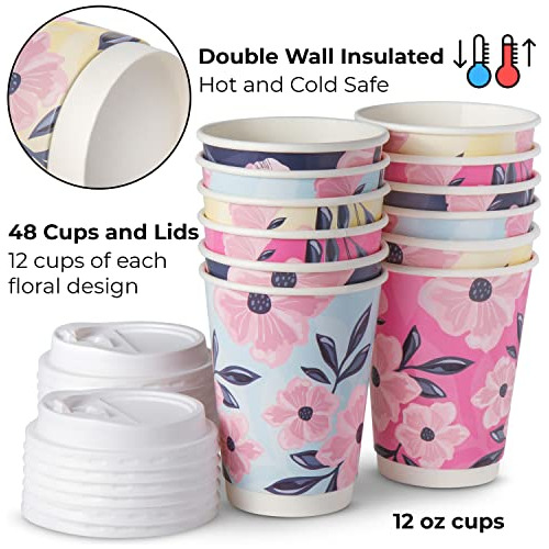 48 Floral Disposable Coffee Cups With Lids 12 Oz Double...