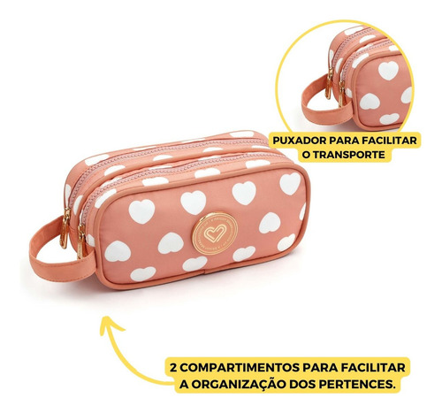 Estojo Juvenil Duplo Escolar Coração Emoji Cor Rosa