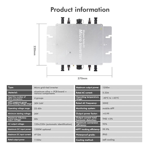 Micro Inversor Solar 1200 W, Mppt Grid Wifi Microinversor Ip
