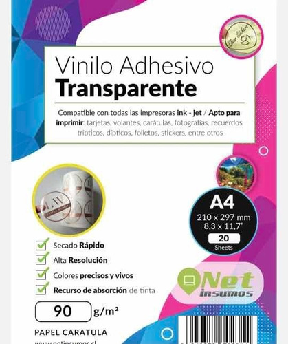 Imagen 1 de 5 de Papel Vinilo Adhesivo Transparente Imprimible Inkjet A4 20h