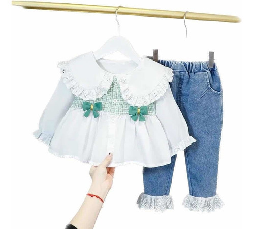 Conjunto De Camisa Y Pantalón De Mezclilla Para Niña Moños