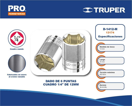 Dado De 6 Puntas, Cuadro 1/4 De 12mm Truper 13174