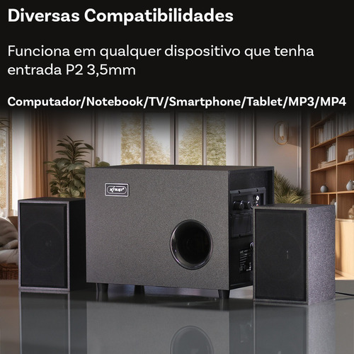 Home Theater Caixa De Som Para Tv Smart Pc Com Subwoofer 2.1 Preto