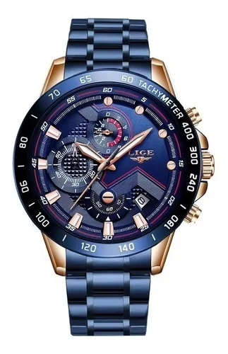 Reloj pulsera Lige 9982 de cuerpo color oro rosa, analógico, para hombre,  fondo azul, con correa de acero inoxidable color azul, agujas color blanco  y oro rosa y negro, dial oro rosa