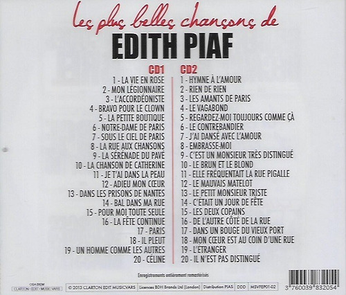 Cd Doble Edith Piaf / Les Plus Belles Chansons Hits (2013)eu