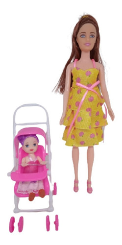 Boneca Barbie Grávida E Família Carrinho Andador Mamãe Filho