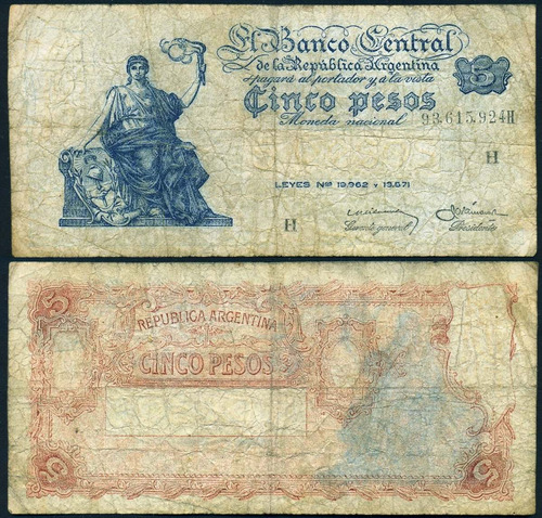 Argentina Billete De 5 Pesos Progreso Año 1959 Bot #1876