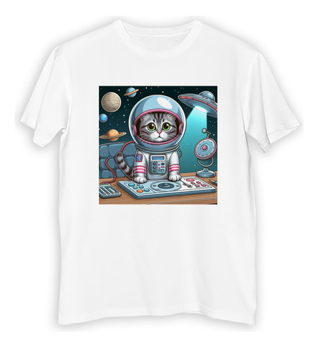 Remera Niño Gato Astronauta Manejando Nave Planetas