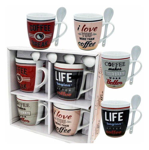 Coffee Mug Set 4 Mug And Spoon Porcelain Set 4 Pcs 12 Onz