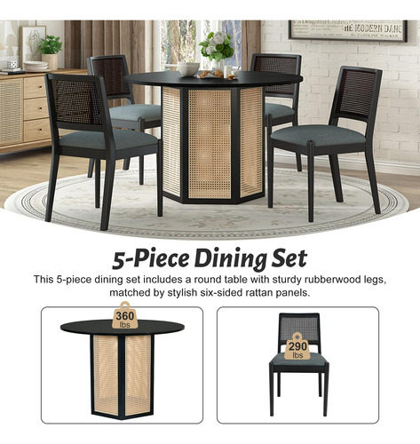 5 Pieces Round Dining Table Set Rattan Kitchen Table Set For
