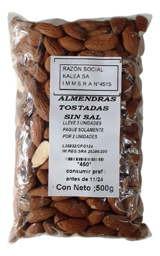 Almendras Tostadas Sin Sal 500gr