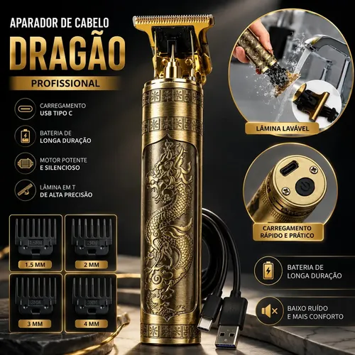 Máquina De Cortar Marca Rave Peak Cabelo Sem Fio Barbeador Eletrico Aparador De Pelos Acabamento Motor Profissional 4 Pentes Recarregavel Usb Tipo C Dourada