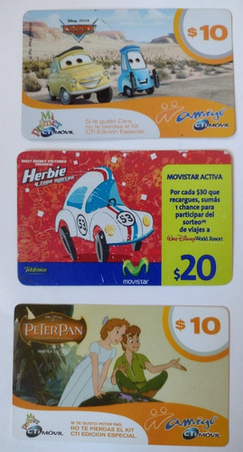 Lote 3 Tarjetas De Teléfono Película Cars Peter Pan Y Herbie