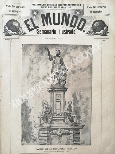 Portada Antigua 1894 Monumento A Colon Paseo De La Reforma