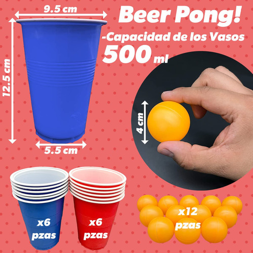 Juego De Beber Beer Pong Con 12 Vasos 500 Ml Y Pelotas