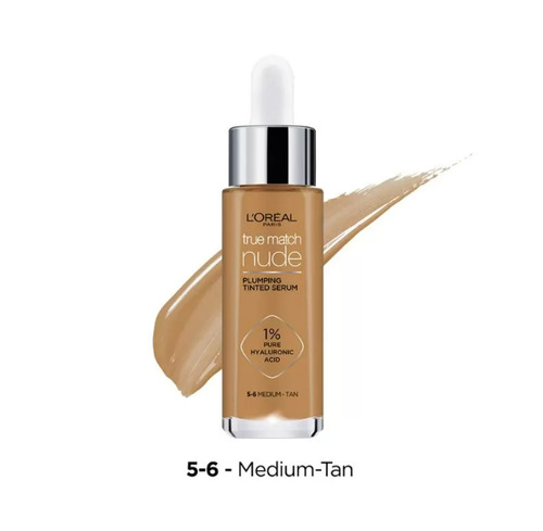 Base de maquillaje en líquida L'Oréal Paris True Match Nude Plumping Tinted Serum Base Sérum L'Oréal Con Color True Match Con Ácido Hialurónico 30ml tono 5-6 medium-tan - 30mL