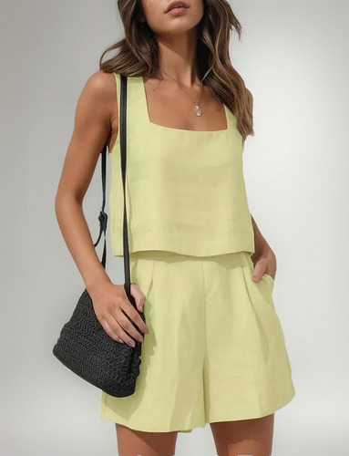 Conjunto Pantalones Cortos Lino Moda Informal Chaleco Mujer