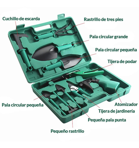 Imagen 6 de 10 de Kit Set Jardineria Jardin 10 Piezas Valija Plastica Acero In