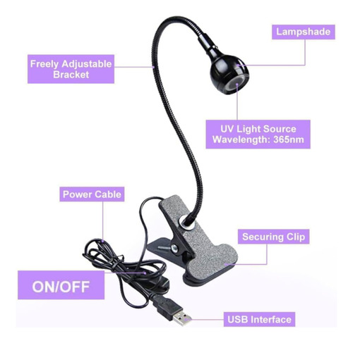 Mini Luminária Cabine De Mesa Secagem Unha Led Clip Uv Usb Preto