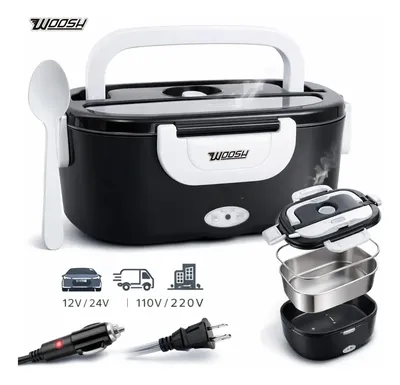 Marmita Elétrica Preta Bivolt Portátil Doméstica 110/220v Veicular 12/24v Lancheira 1.5l Com Divisórias Esquenta Rápido Refeições Práticas Trabalho Casa Carro Caminhão Viagem Faculdade Woosh