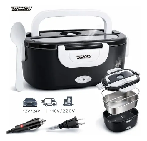 Marmita Elétrica Preta Bivolt Portátil Doméstica 110/220v Veicular 12/24v Lancheira 1.5l Com Divisórias Esquenta Rápido Refeições Práticas Trabalho Casa Carro Caminhão Viagem Faculdade Woosh