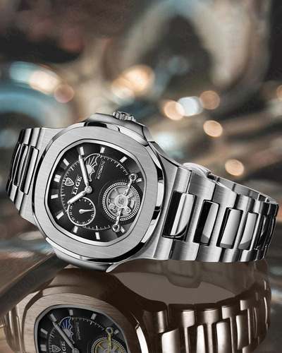 Reloj Pulsera Hombre Cuarzo Casual Acero Inoxidable Luminoso Correa Plateado Bisel Plateado Fondo Negro