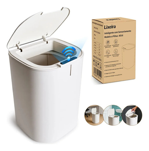 Lixeira inteligente de com sensor automático, Caixote do lixo para casa de banho Caixote do lixo para Caixote do lixo comercial para escritório, Branco