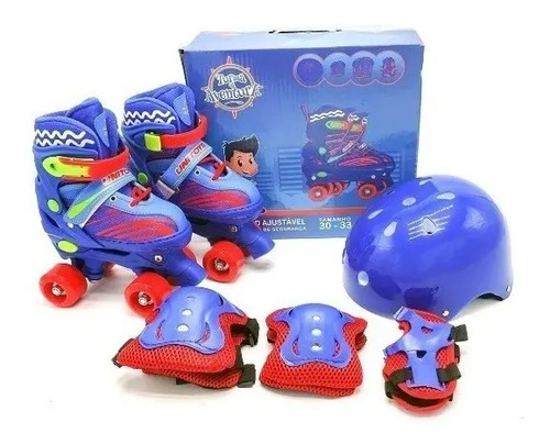 Patins Infantil Roller Quad 4 Rodas + Kit Proteção Capacete Cor Azul Tamanho Dos Patins 34 37 Ajustável