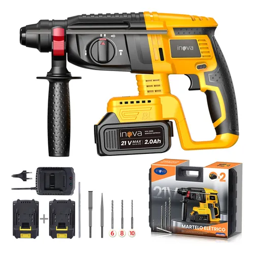 comprar Martelete Perfurador Rompedor Sem Fio Professional,Furadeira de Impacto Rotativa,Motor sem Escovas,750w Com 2 Baterias 21vu002Fcaixa de ferramentas, 4 Funções Aplicação em Concretou002FAlvenariau002FMadeirau002FMetal