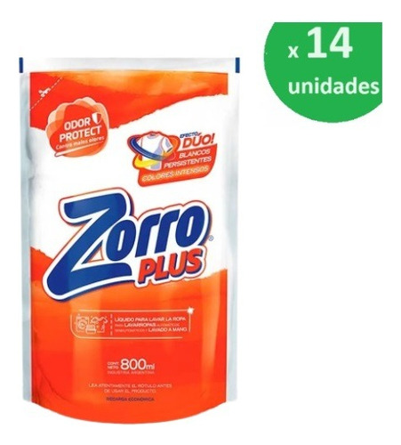 Caja Detergente Ropa Liquido Zorro 800ml X14 Un. - Dh Tienda