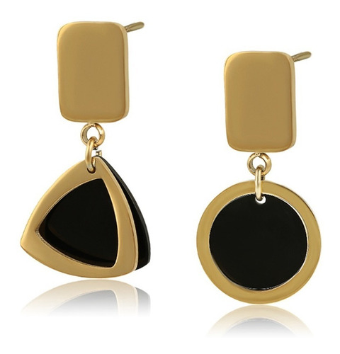 Arete Colgantes Oro 18k Lam Negro Circulo Triangulo Mujer