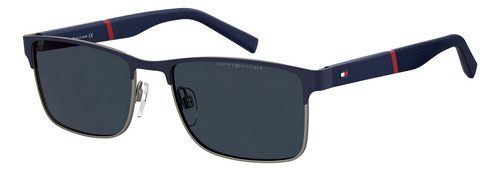 Óculos de sol grandes Tommy Hilfiger Th 2040/S 206288KU056KU, design oceânico com estrutura de aço inoxidável azul, lente clássica de policarbonato, haste de poliamida azul