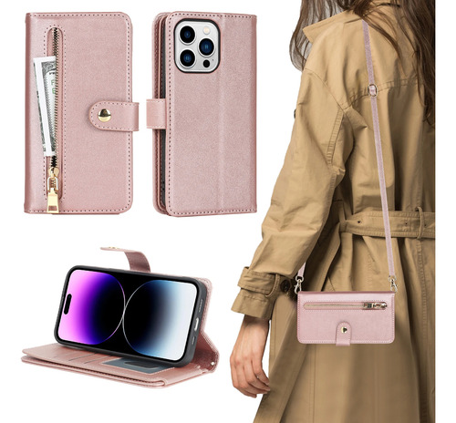 Funda De Piel Tipo Cartera Con Cremallera Y Bandolera Para T