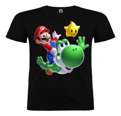 Polera Color Algodón 100% Niños Mario Bros Yoshi Estrella