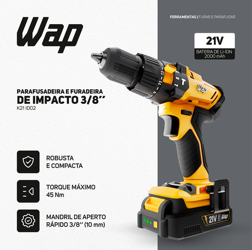 Parafusadeira Furadeira Impacto 21v K21 Wap + Jogo 40 Peças